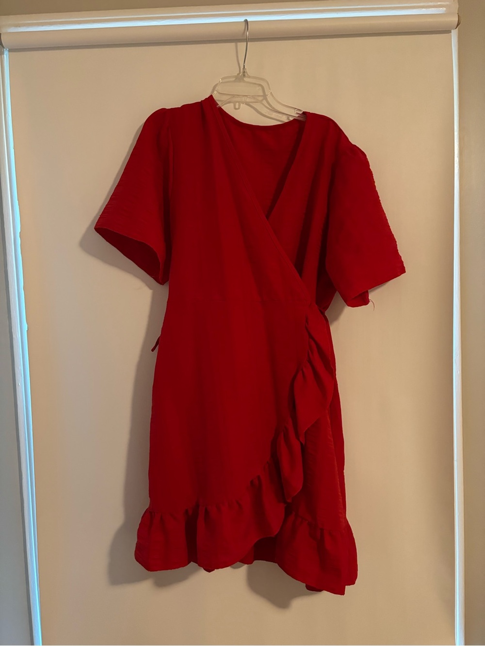 Lightweight Red Wrap-Style Ruffle Mini Dress